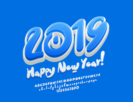 Vector Greeting Card Happy New Year 2019 for Children. Funny Bright Font. Rotated exclusive Alphabet Letters, Numbers and Symbols.