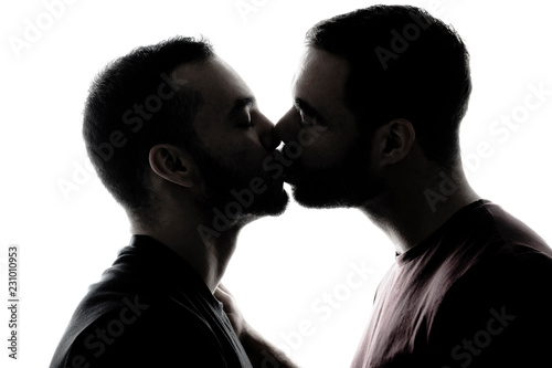 Young homosexuals shadow couple love each other on a white background Tablou Canvas