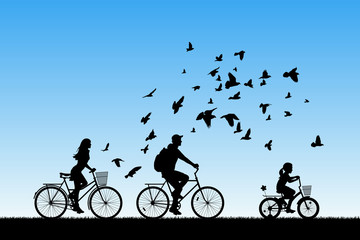 Sticker - family on bikes in park. active rest of parents with child. vector illustration with silhouettes of 