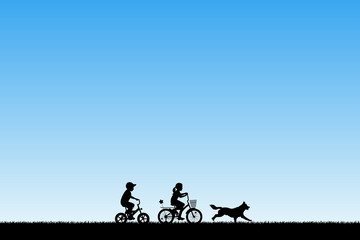 Poster - Children on bicycles and running dog in park. Vector illustration with silhouettes of boy and girl on bikes. Blue pastel background