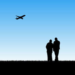 Sticker - Old lovers and flying aircraft in park. Vector illustration with silhouette of elderly couple. Blue pastel background