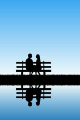 Sticker - Lovers sitting on bench in park. Vector illustration with silhouette of loving couple. Blue pastel background