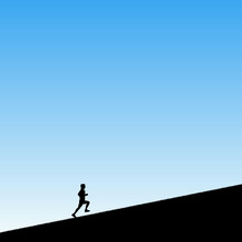 Man Runs Uphill In Park. Vector Illustration With Silhouette Of Male Runner. Blue Pastel Background