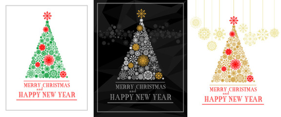 Merry Christmas and Happy New Year greeting cards with Christmas tree in snowflakes. Three compositions of Christmas tree and greeting text in different colors. Vector illustration for holiday design