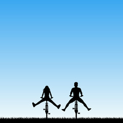 Sticker - couple on bikes in park. vector illustration with silhouettes of of two cyclists with legs apart. bl