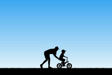 Sticker - Girl teaching boy to ride bike in park. Vector illustration with silhouette of mother with child on bicycle. Blue pastel background