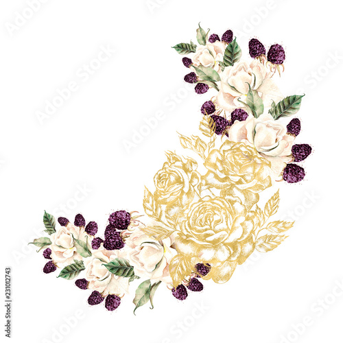 Wreath with graphic and watercolor flowers and berries.