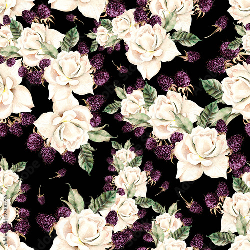 Beautiful watercolor seamless pattern with flowers of  rose and berry.