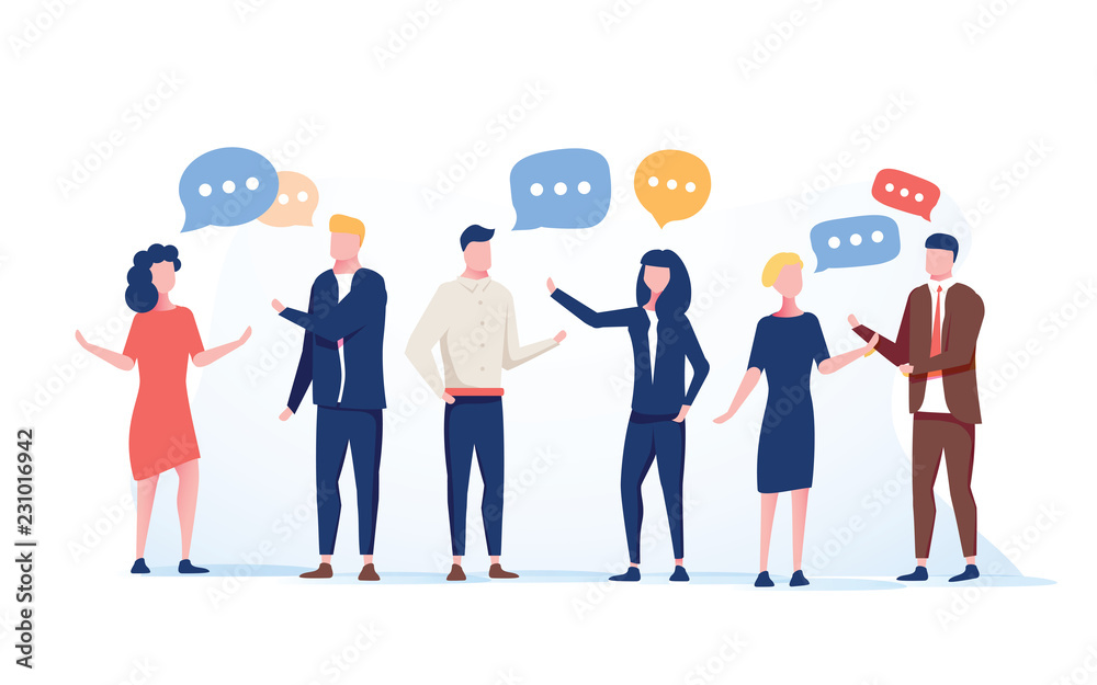 Vector illustration flat style, businessmen discuss social network group of people, news social networks, meeting chat - obrazy, fototapety, plakaty 