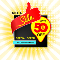 Poster - Vector big sale banner. Mega sale, up to 50  off. Red blue yellow special offer only this weekend. Template design with best choice symbol on yellow striped background. Discount label.