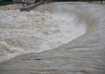 The Serio river swollen after heavy rains. Province of Bergamo, northern Italy