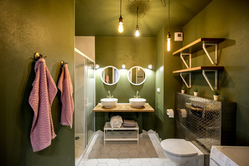 Modern loft bathroom made in green and white colors with retro plumbing elements