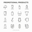 Promotional products thin line icons set: notebook, tote bag, sunglasses, t-shirt, water bottle, pen, backpack, cup, hat, travel mug, usb, lighter, calendar. Modern vector illustration.