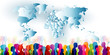 Group of different people. Crowd of ethnic people standing together. Diversity of people. Community. Colored silhouette profiles with world map