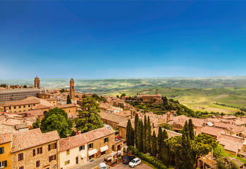 View of the medieval Italian town of Montalcino. Tuscany