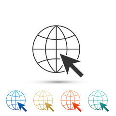 Poster - Go To Web icon isolated on white background. Globe and cursor. Website pictogram. World wide web symbol. Set elements in colored icons. Flat design. Vector Illustration