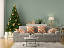 Interior Of Modern Living Room With Christmas Tree 3D Rendering