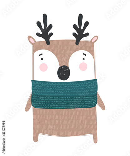 Foto-Schiebegardine Komplettsystem - Vector poster with cute winter deer in cozy clothes (von Alexandra)