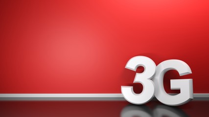 Poster - The write 3G in white 3D letters, standing on the black glossy floor of a room, leaning at its red wall - 3D rendering illustration