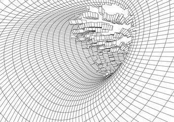 Poster - Tunnel or wormhole. Digital 3d wireframe tunnel. 3D tunnel grid. Network cyber technology. Surrealism. Background abstract vector image
