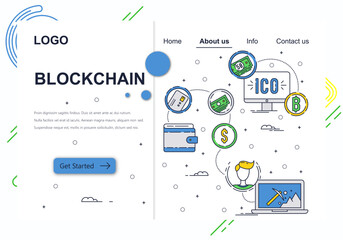 Wall Mural - Vector web site linear art design template. Blockchain technology and bitcoin cryptocurrency. ICO and crypto mining. Landing page concepts for website and mobile development. Modern flat illustration.