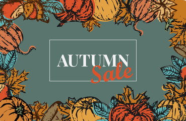 Autumn sale banner with fall elements. Chestnut tree and maple tree leaves and pumpkin. Autumn hand drawn elements.