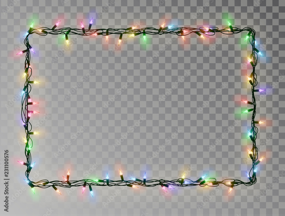 Christmas lights border vector, light string frame isolated on dark background with copy space. Tran - obrazy, fototapety, plakaty 