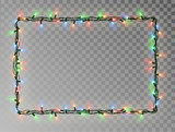 Fototapeta  - Christmas lights border vector, light string frame isolated on dark background with copy space. Tran