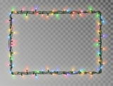 Fototapeta  - Christmas lights border vector, light string frame isolated on dark background with copy space. Tran