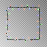 Fototapeta  - Christmas lights square vector, light string frame isolated on dark background with copy space. Tran