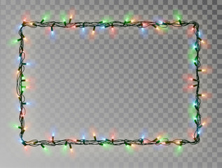 Christmas lights border vector, light string frame isolated on dark background with copy space. Tran