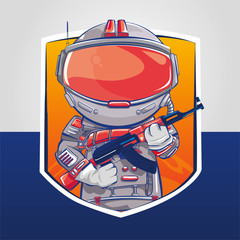 robot cyborg warrior vector illustration of a astronaut holding rifle in space badge 