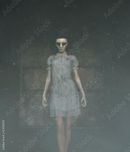 Fotomural ghost woman in creepy mask as she have to hiding her face,3d illustration