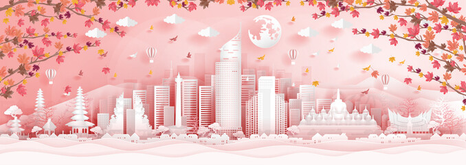Fototapete - Panorama postcard of world famous landmarks of Indonesia with falling maple leaves in paper cut style vector illustration