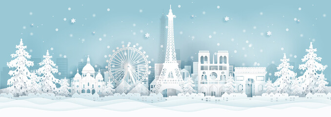 Fototapete - Panorama postcard and travel poster of world famous landmarks of Paris ,France in winter season in paper cut style vector illustration