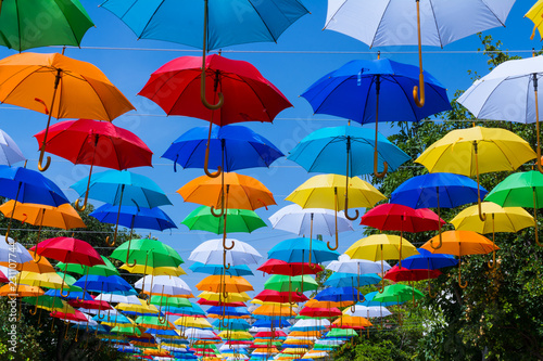 Fotografie, Obraz Hay muchas sombrillas de colores en la calle.