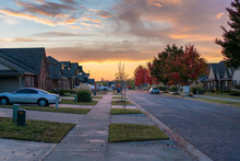 Living In Residential Housing Neighborhood Street At Sunset In Bentonville Arkansas