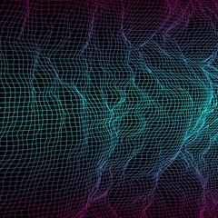 Poster - Digital landscape with mountains or clouds made of line grid