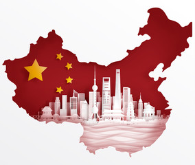 Wall Mural - Shanghai, China flag with world famous landmarks in paper cut style vector illustration