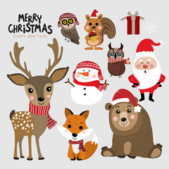 Wall Mural - Cute forest animals and Santa Clause in Christmas holidays. Wildlife cartoon character vector set. Santa Clause, snowman, deer, bear, owl, fox and squirrel in winter costume.