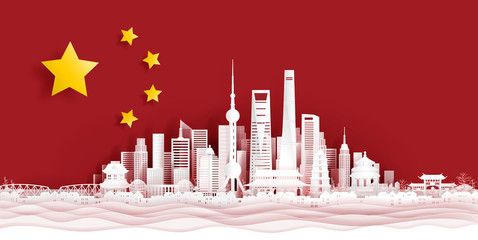 Fototapete - Panorama postcard and travel poster of world famous landmarks of Shanghai, China skyline with flag concept in paper cut style vector illustration
