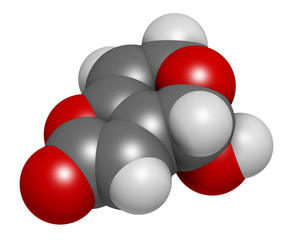 Poster - Patulin mycotoxin molecule. 3D rendering. Atoms are represented as spheres with conventional color coding: hydrogen (white), carbon (grey), oxygen (red).