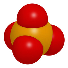 Poster - Phosphate anion, chemical structure. 3D rendering. Atoms are represented as spheres with conventional color coding: phosphorus (orange), oxygen (red).