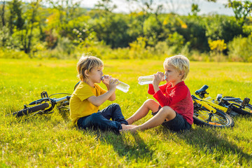 Wall Mural - Two little boys drink water in the park after riding a bike