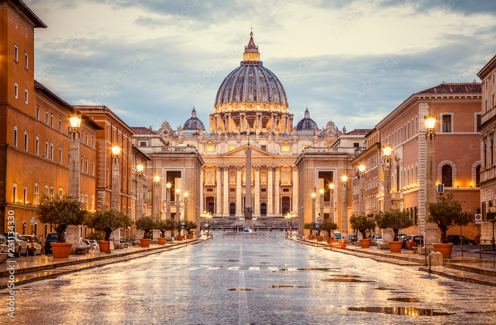 St. Peter's Basilica in the evening from Via della Conciliazione in Rome. Vatican City Rome Italy. Rome architecture and landmark.  St. Peter's cathedral in Rome. Italian Renaissance church. - obrazy, fototapety, plakaty 