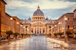 St. Peter's Basilica in the evening from Via della Conciliazione in Rome. Vatican City Rome Italy. Rome architecture and landmark.  St. Peter's cathedral in Rome. Italian Renaissance church