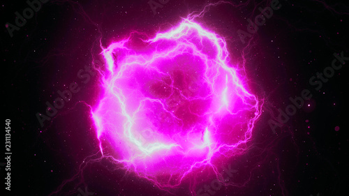 Fotografia  Pink glowing high energy lightning, computer generated abstract background