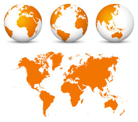 Wall Mural - orange 3d world - flat vector globe icon set with undistorted 2d world map in orange color.