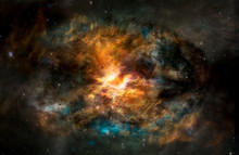 Landscape Background Of Fantasy Alien Galaxy With Glowing Clouds And Stars With Light At The Middle. The Elements Of This Image Furnished By NASA.