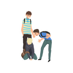 Canvas Print - Sad teen boy sitting on floor, classmates mocking him, conflict between children, mockery and bullying  at school vector Illustration on a white background